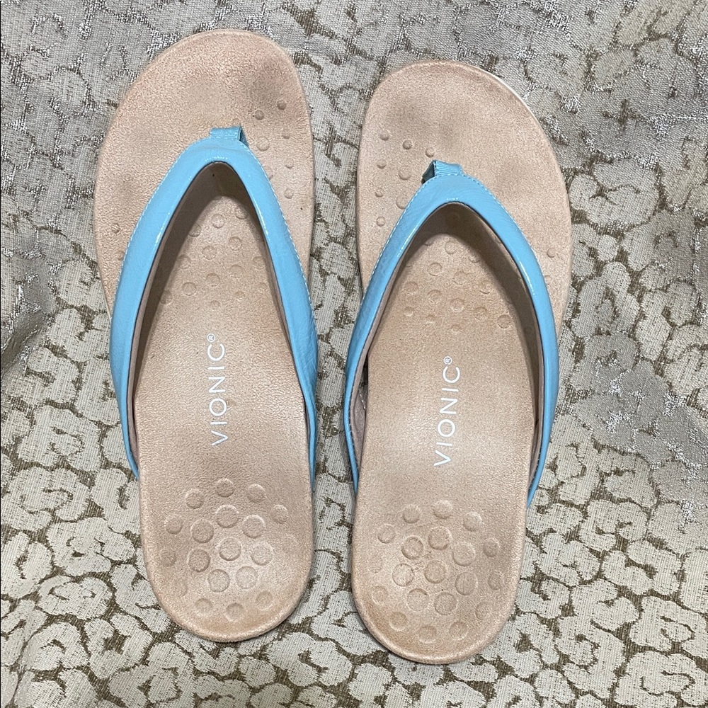 Vionic Coastal Blue “Dillon” Blue Soft Patent Leather Sandals Sz 10 Nice 👍